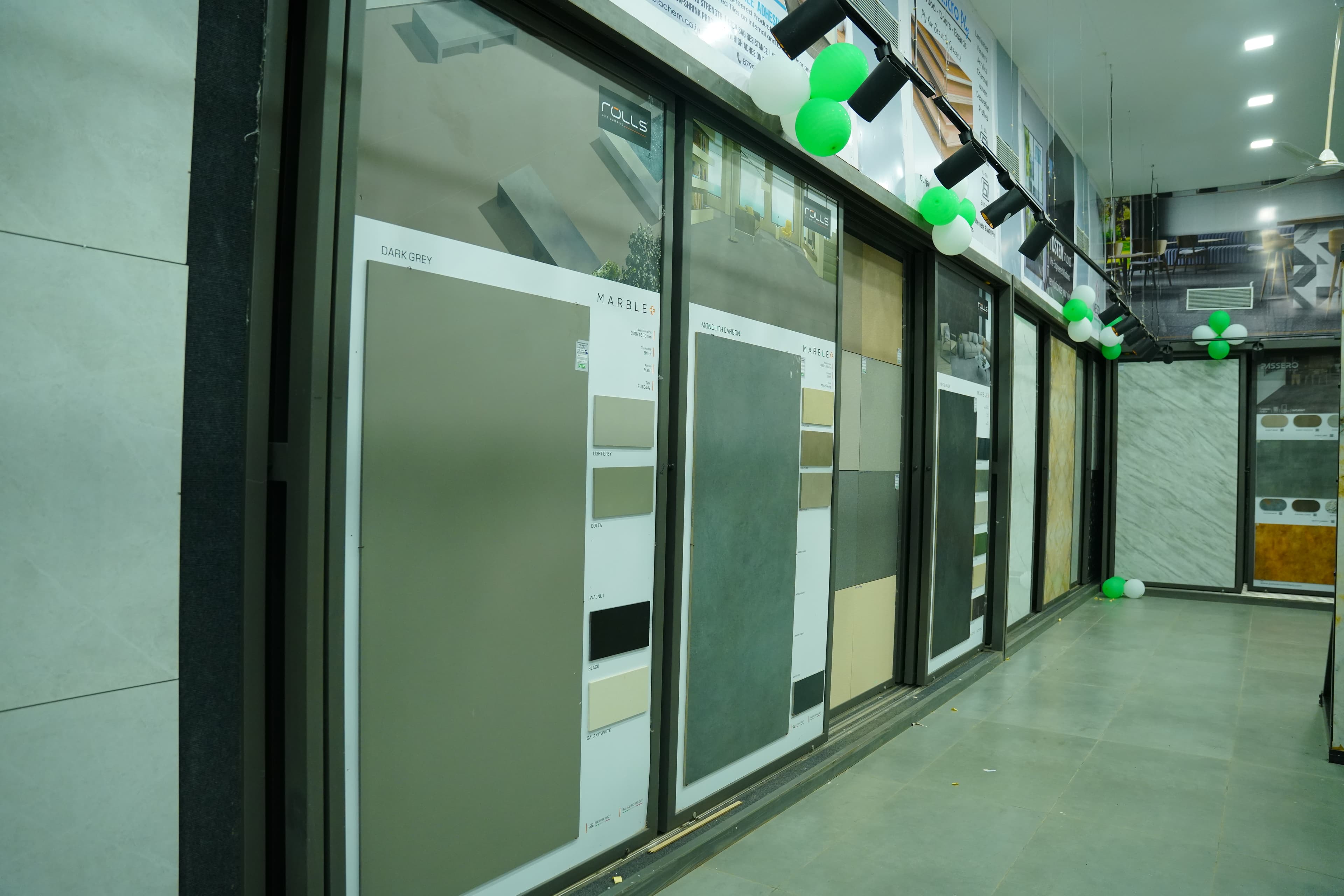 Marble finish tiles and large format slabs display